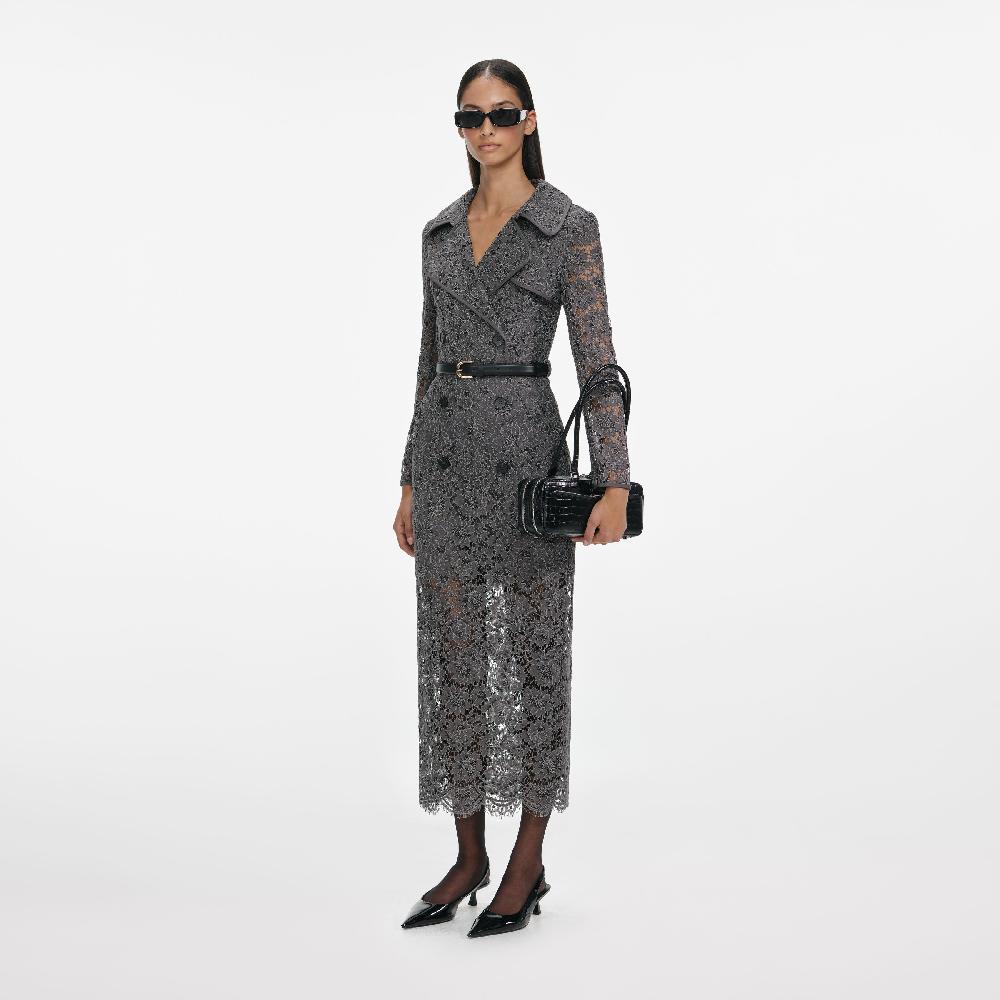 Self Portrait Grey Floral Lace Midi Dress CLOTHING