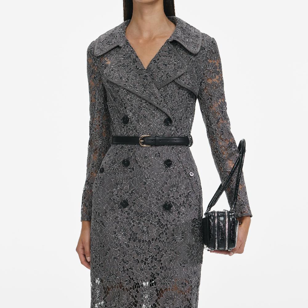 Self Portrait Grey Floral Lace Midi Dress CLOTHING