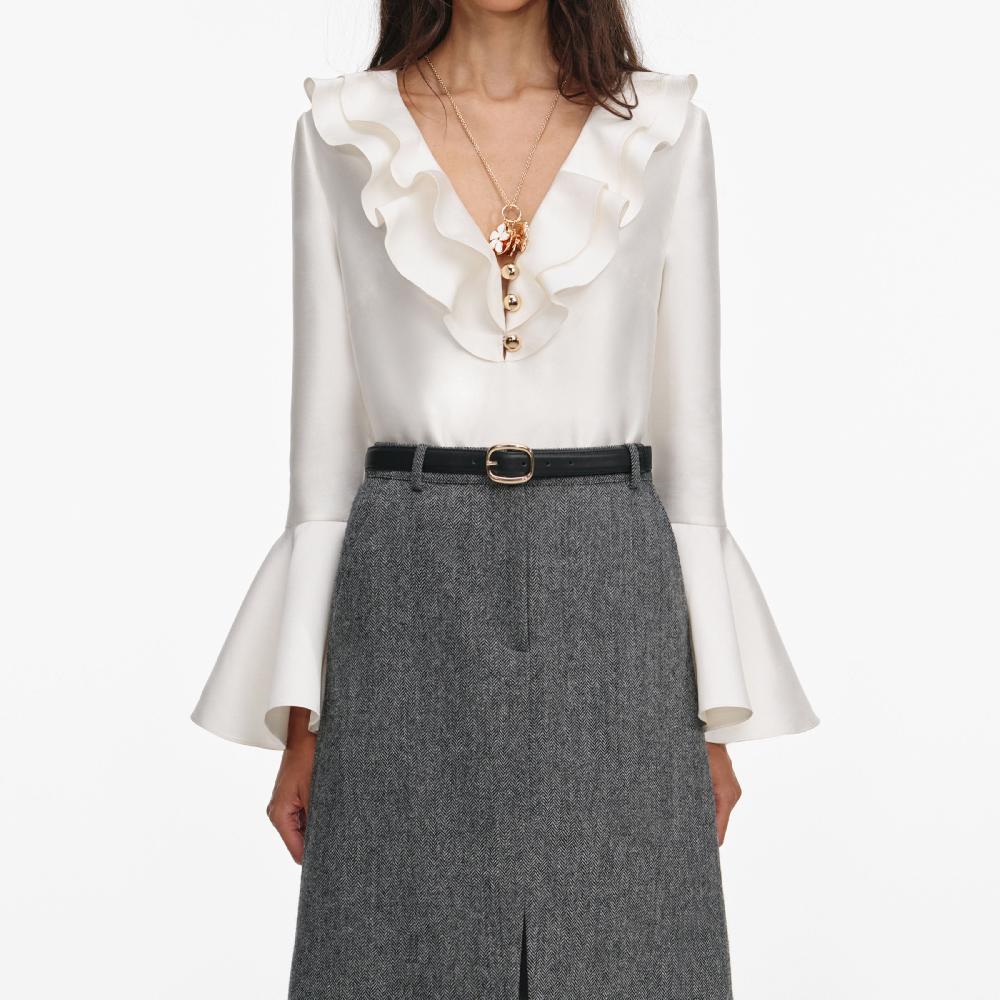 Self Portrait Grey Herringbone Midi Skirt CLOTHING