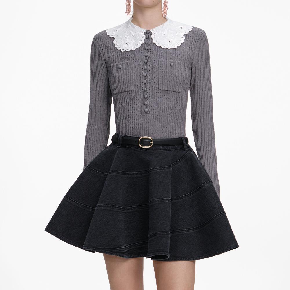 Self Portrait Grey Lace Collar Knit Top CLOTHING