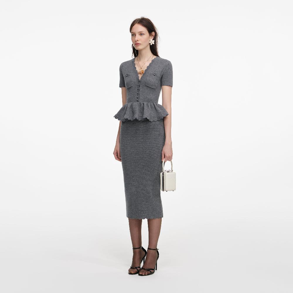 Self Portrait Grey Peplum Knit Midi Dress CLOTHING