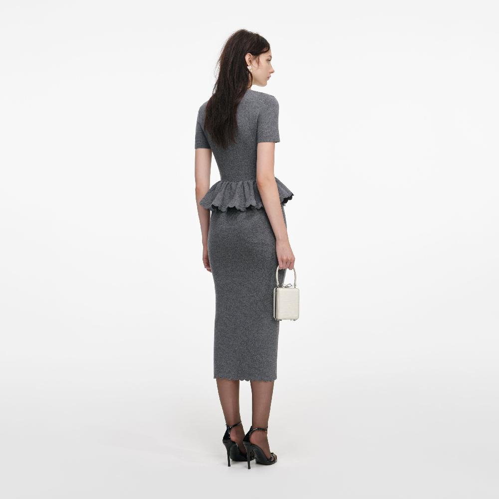 Self Portrait Grey Peplum Knit Midi Dress CLOTHING