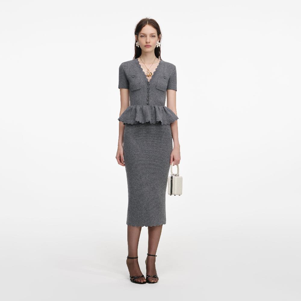 self portrait Grey Peplum Knit Midi Dress CLOTHING
