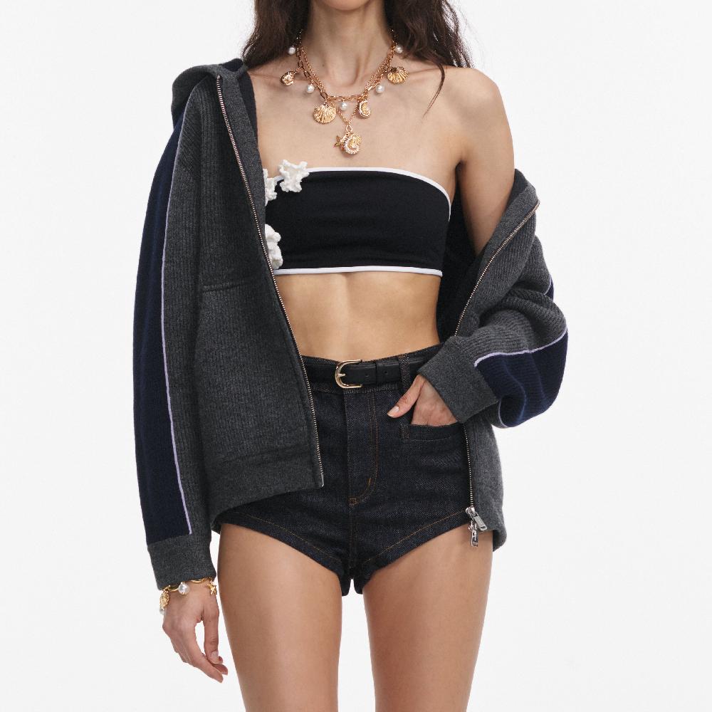 Self Portrait Grey Ribbed Knit Hoodie CLOTHING