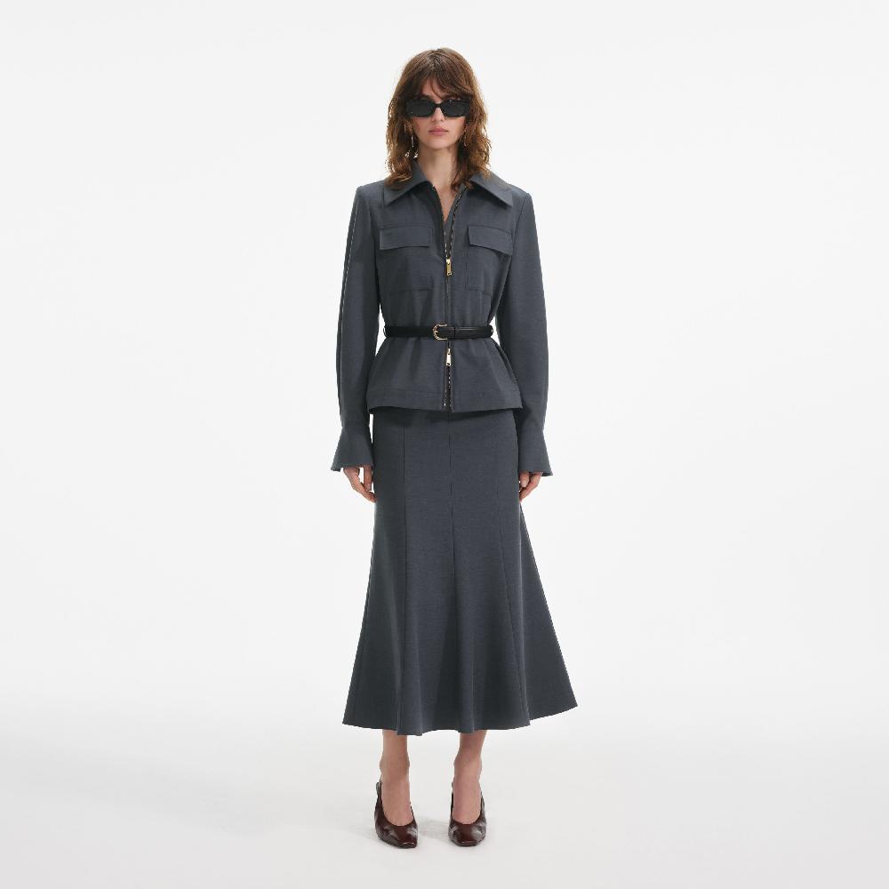 self portrait Grey Twill Midi Dress CLOTHING