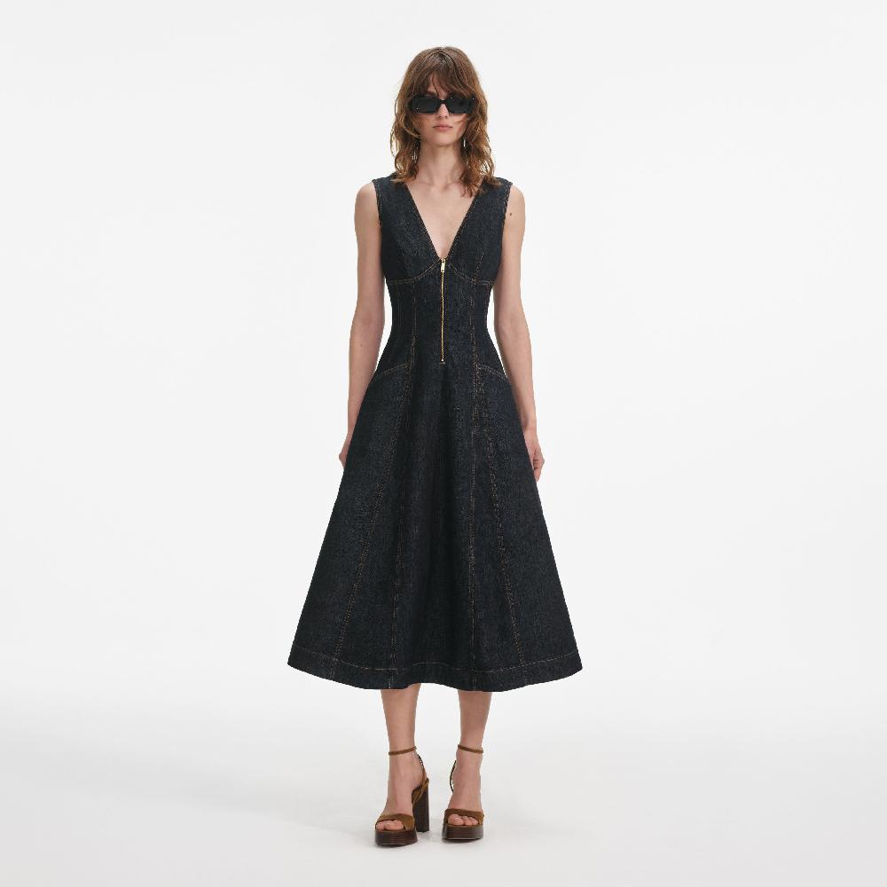 self portrait Indigo Denim Midi Dress CLOTHING