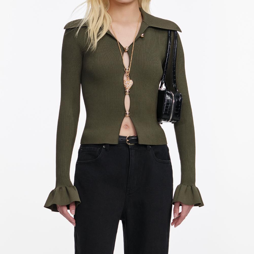 Self Portrait Khaki Button Down Knit Top CLOTHING