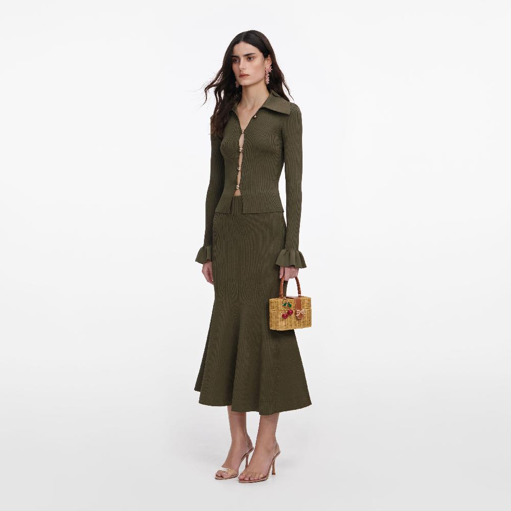 Self Portrait Khaki Knit Midi Skirt CLOTHING