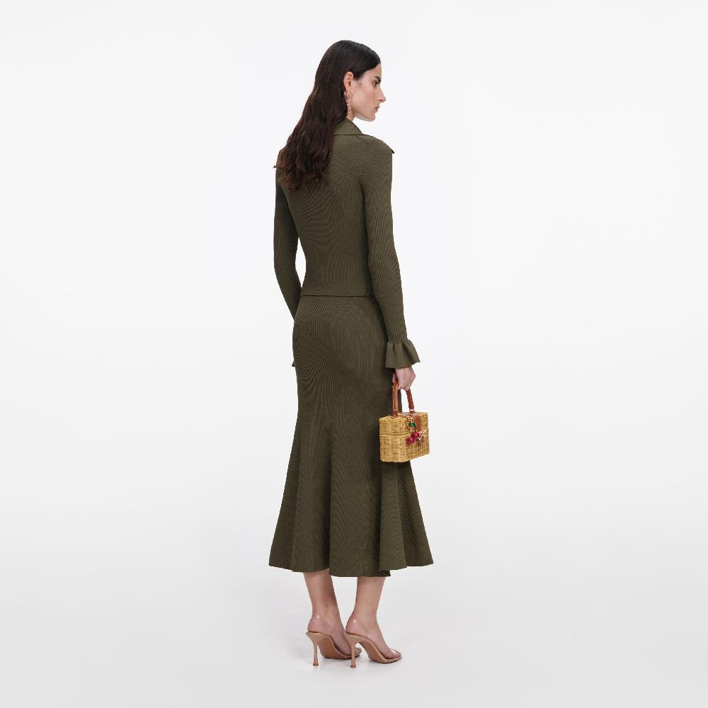 Self Portrait Khaki Knit Midi Skirt CLOTHING