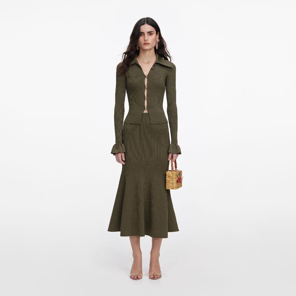 self portrait Khaki Knit Midi Skirt CLOTHING
