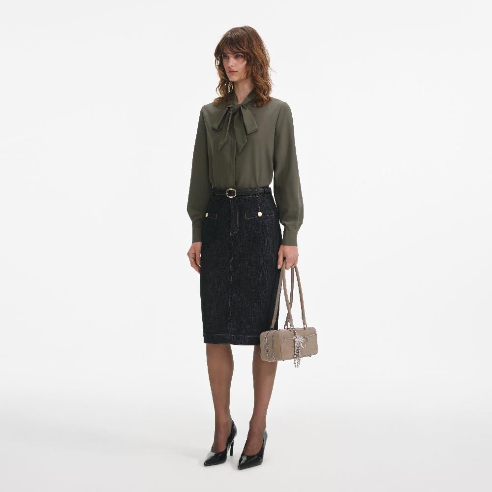 Self Portrait Khaki Twill Tie Neck Blouse CLOTHING