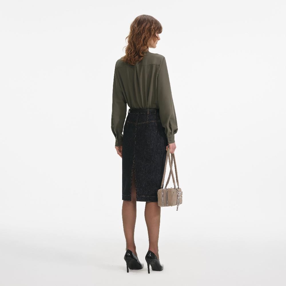 Self Portrait Khaki Twill Tie Neck Blouse CLOTHING