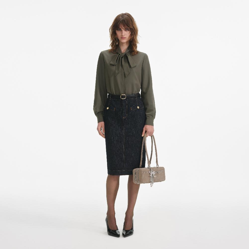 Self Portrait Khaki Twill Tie Neck Blouse CLOTHING