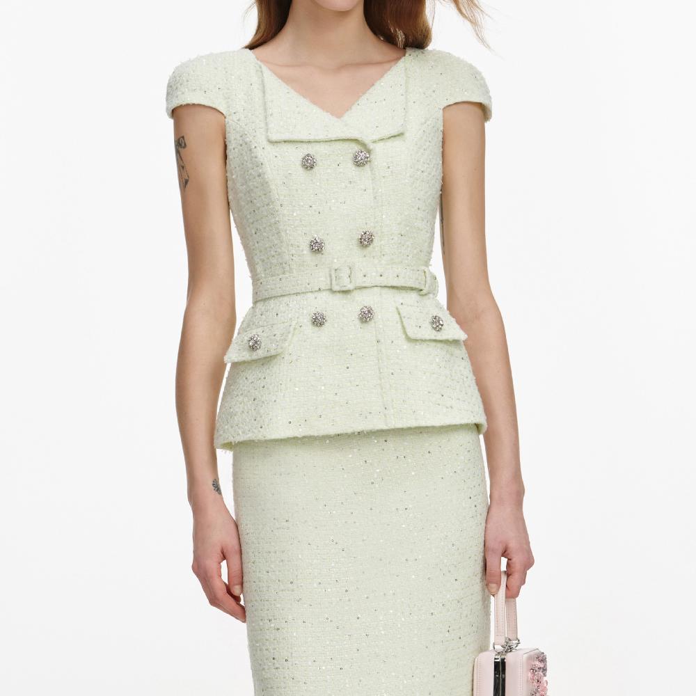 Self Portrait Lime Boucle Midi Dress CLOTHING
