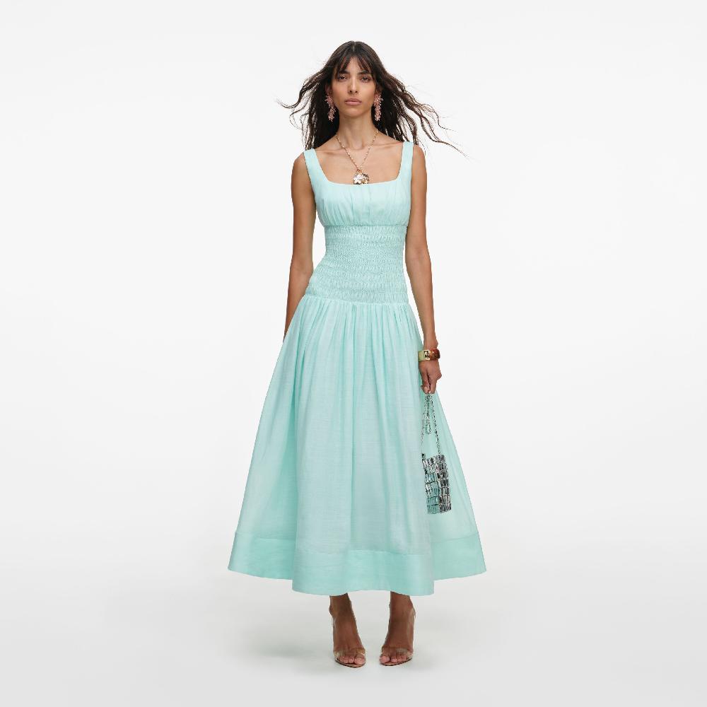 self portrait Mint Ramie Midi Dress CLOTHING