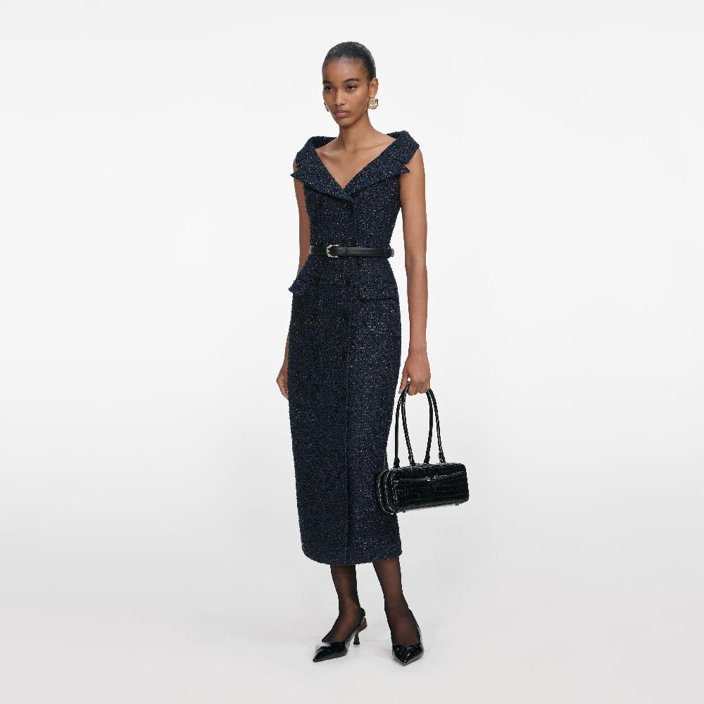 Self Portrait Navy Boucle Midi Dress CLOTHING
