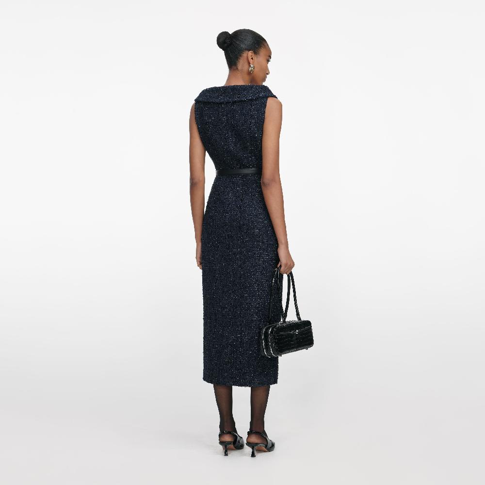 Self Portrait Navy Boucle Midi Dress CLOTHING