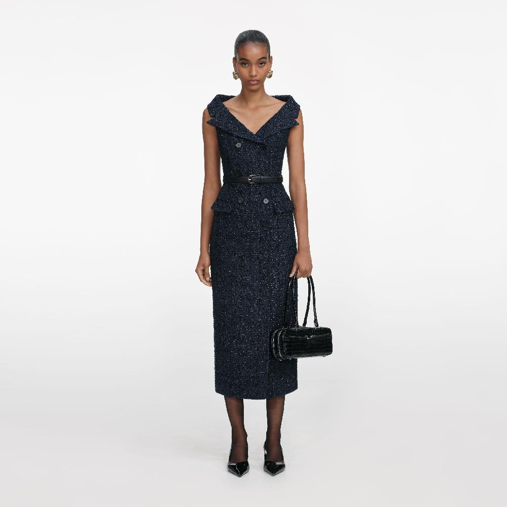 self portrait Navy Boucle Midi Dress CLOTHING