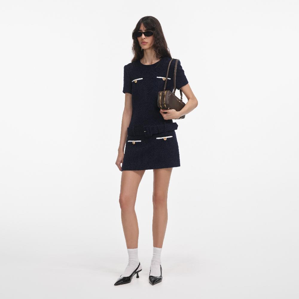 Self Portrait Navy Boucle Mini Dress CLOTHING