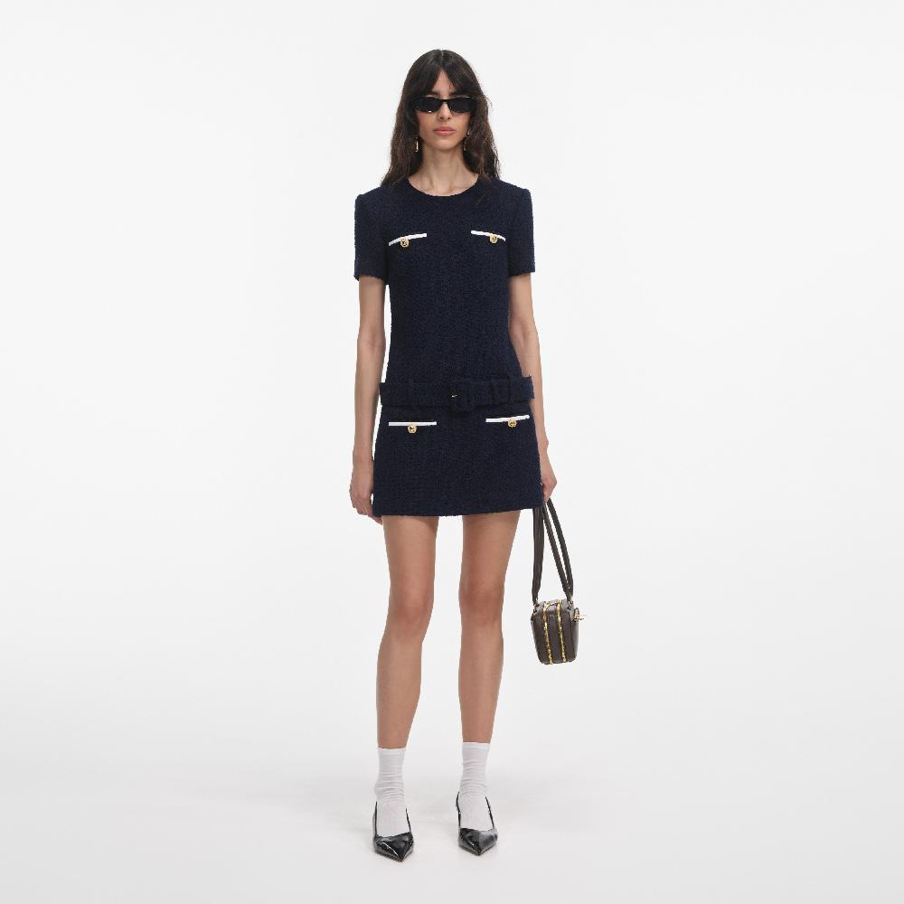 self portrait Navy Boucle Mini Dress CLOTHING