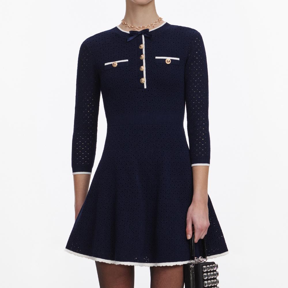 Self Portrait Navy Bow Knit Mini Dress CLOTHING