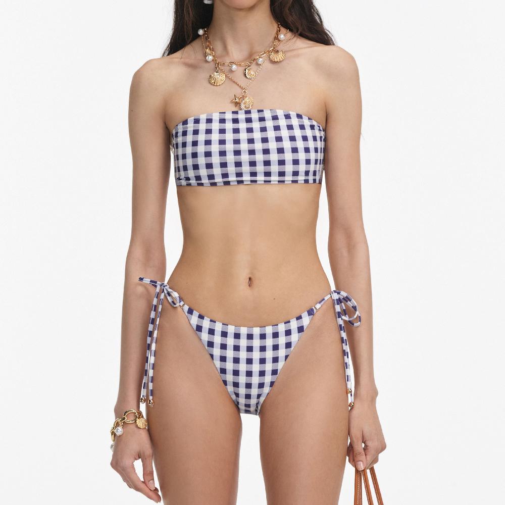 Self Portrait Navy Gingham Bikini Top CLOTHING
