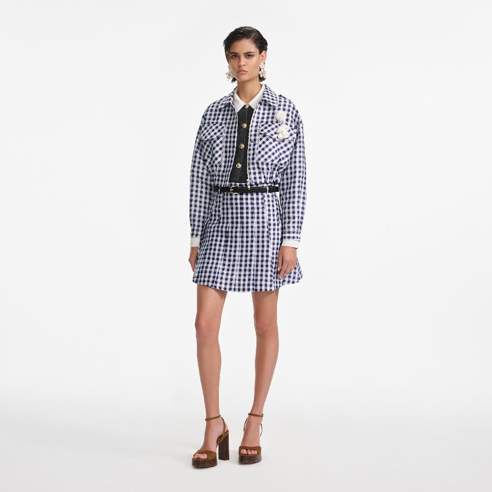 Self Portrait Navy Gingham Taffeta Jacket CLOTHING