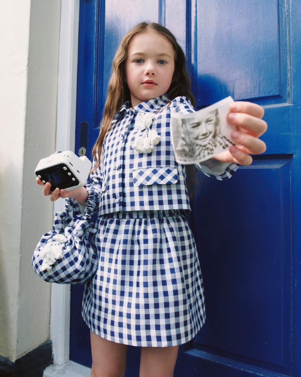 Self Portrait Navy Gingham Taffeta Skirt KIDS