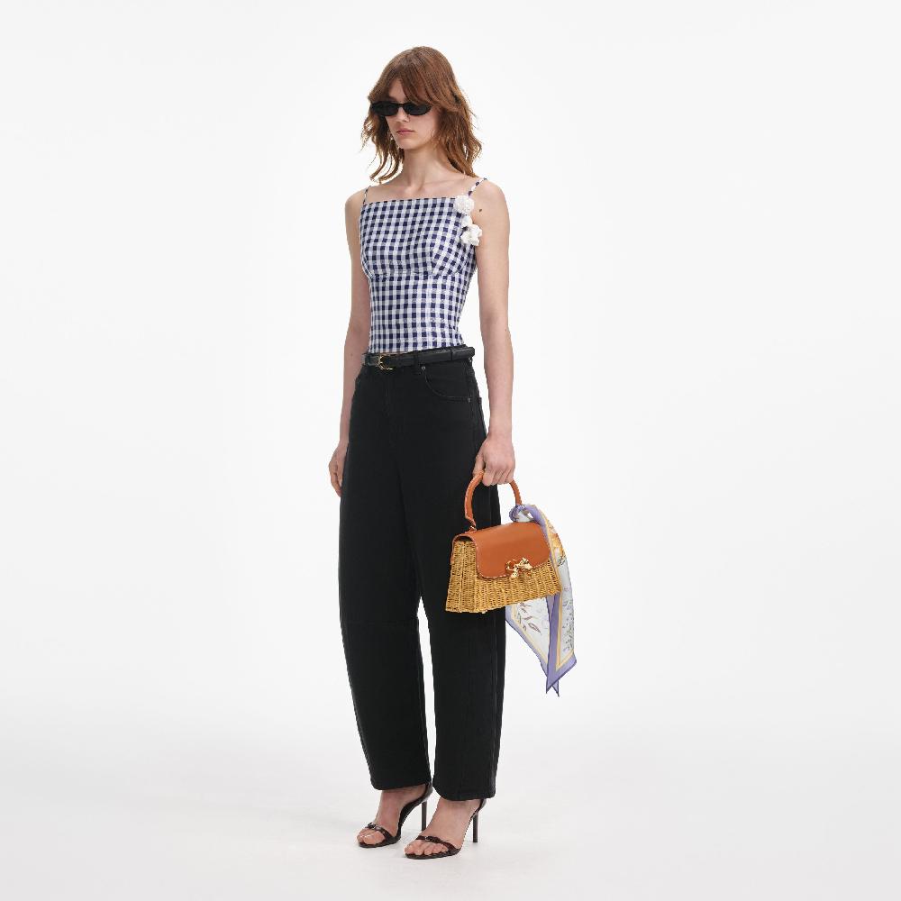 Self Portrait Navy Gingham Taffeta Top CLOTHING