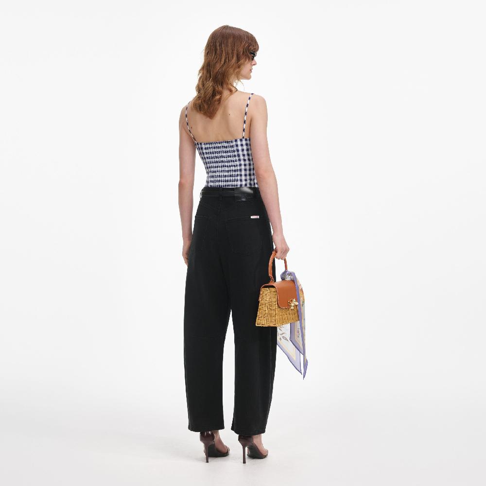 Self Portrait Navy Gingham Taffeta Top CLOTHING