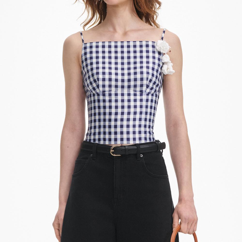 Self Portrait Navy Gingham Taffeta Top CLOTHING