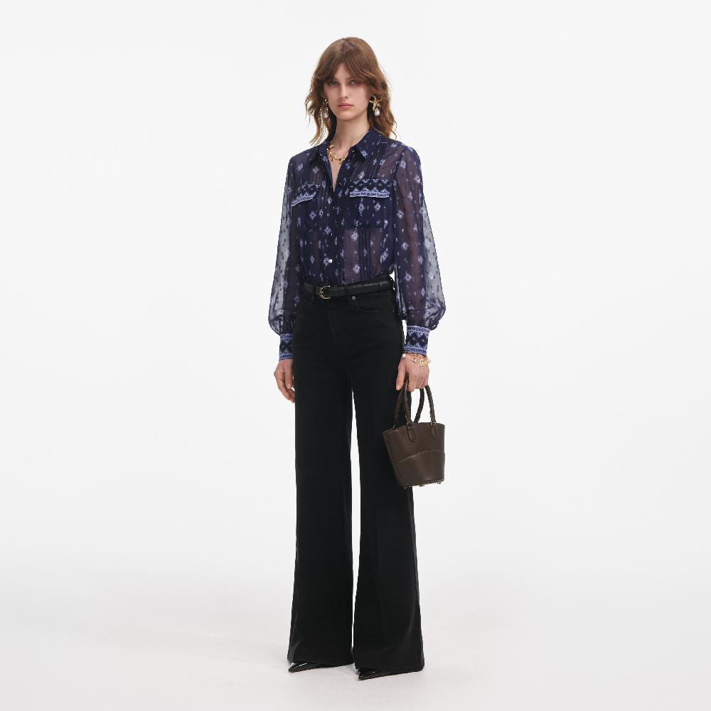 Self Portrait Navy Printed Chiffon Blouse CLOTHING