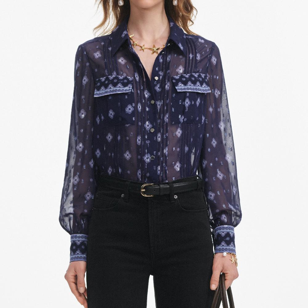 Self Portrait Navy Printed Chiffon Blouse CLOTHING