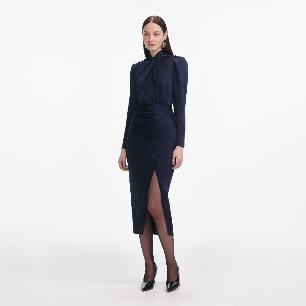 Self Portrait Navy Satin Midi Dress CLOTHING