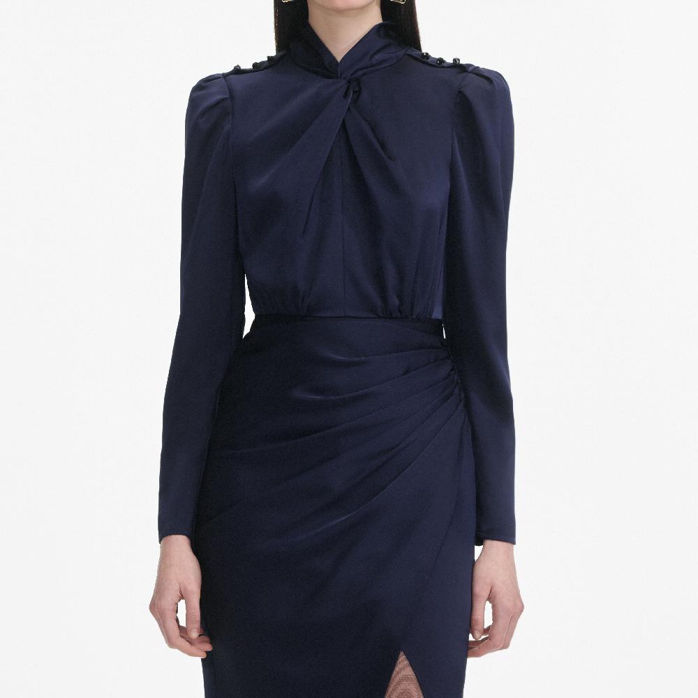 Self Portrait Navy Satin Midi Dress CLOTHING