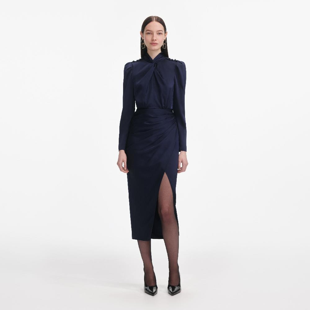 self portrait Navy Satin Midi Dress CLOTHING