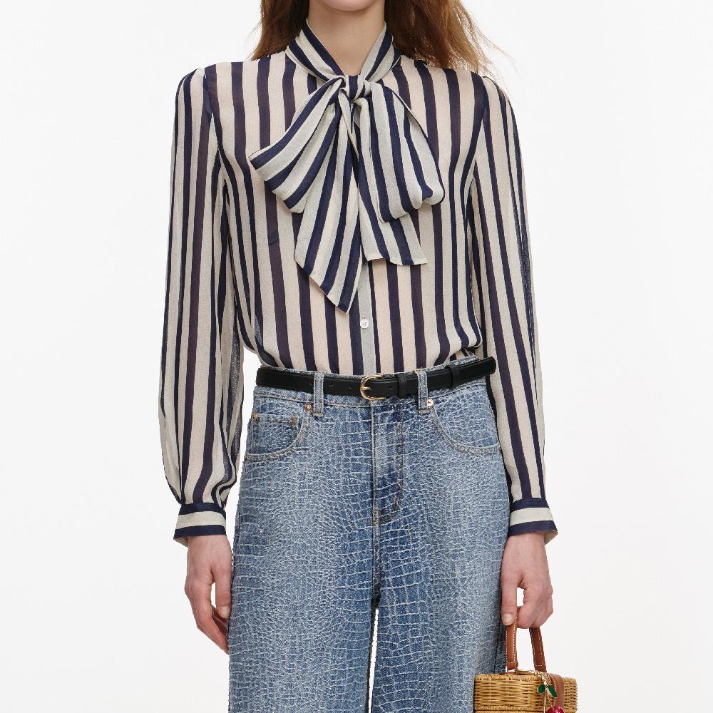 Self Portrait Navy Stripe Tie Neck Blouse CLOTHING