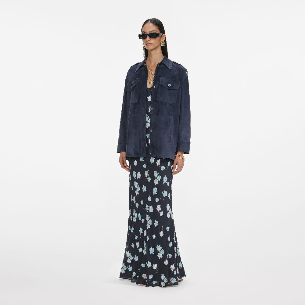 Self Portrait Navy Suede Oversized Jacket CLOTHING