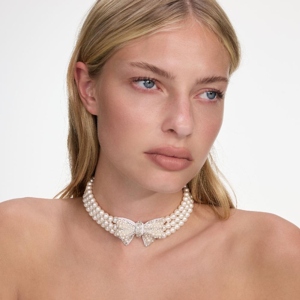 Self Portrait Pearl Satin Bow Necklace JEWELLERY