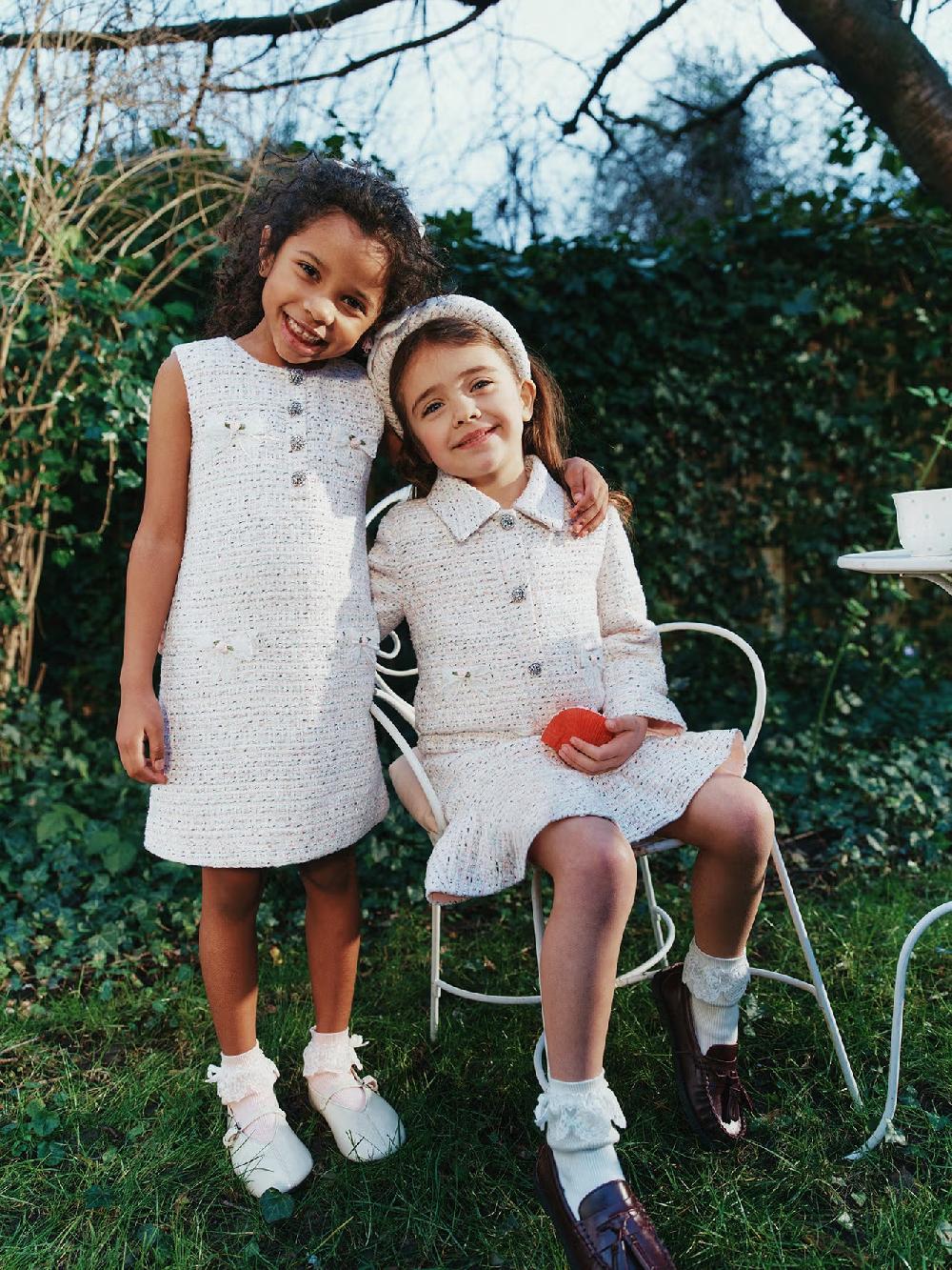 Self Portrait Pink Boucle Lace Bow Dress KIDS