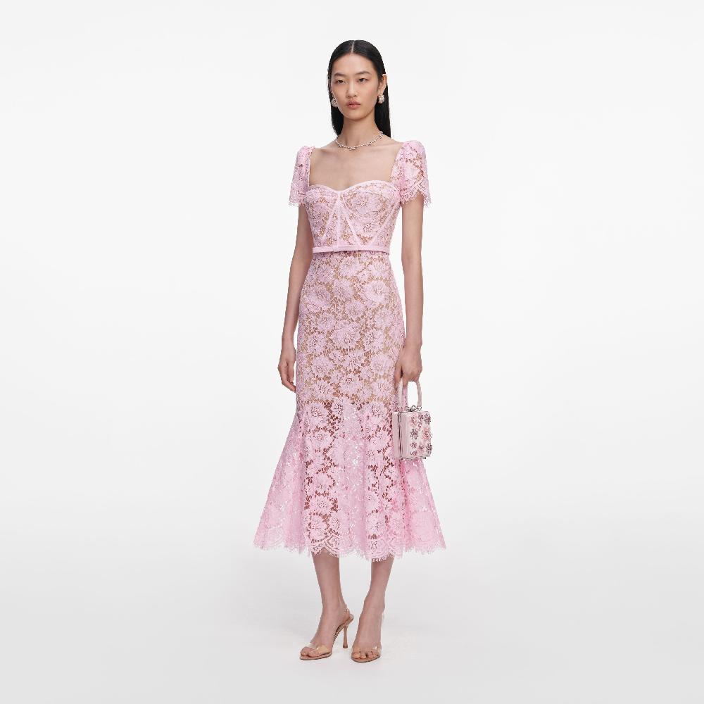Self Portrait Pink Fine Lace Midi Dress CLOTHING