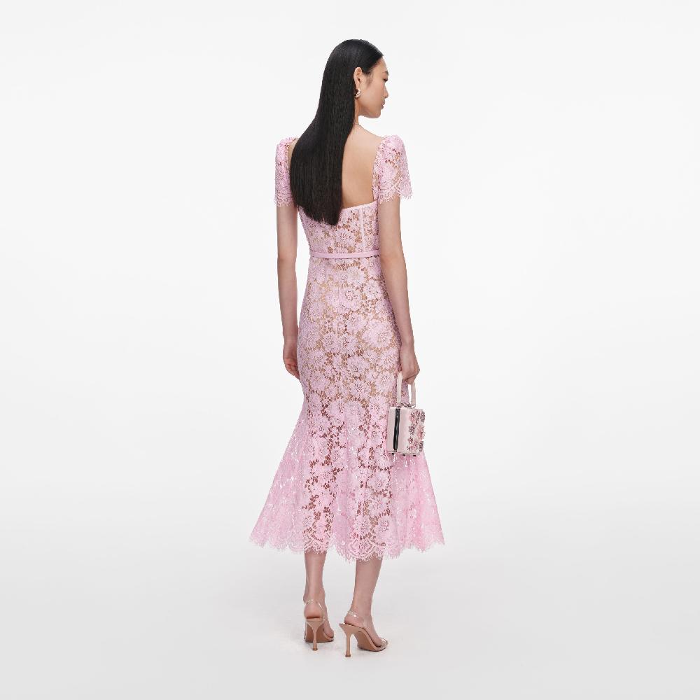 Self Portrait Pink Fine Lace Midi Dress CLOTHING