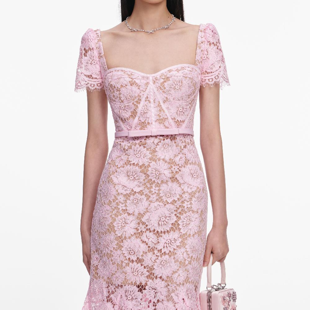Self Portrait Pink Fine Lace Midi Dress CLOTHING