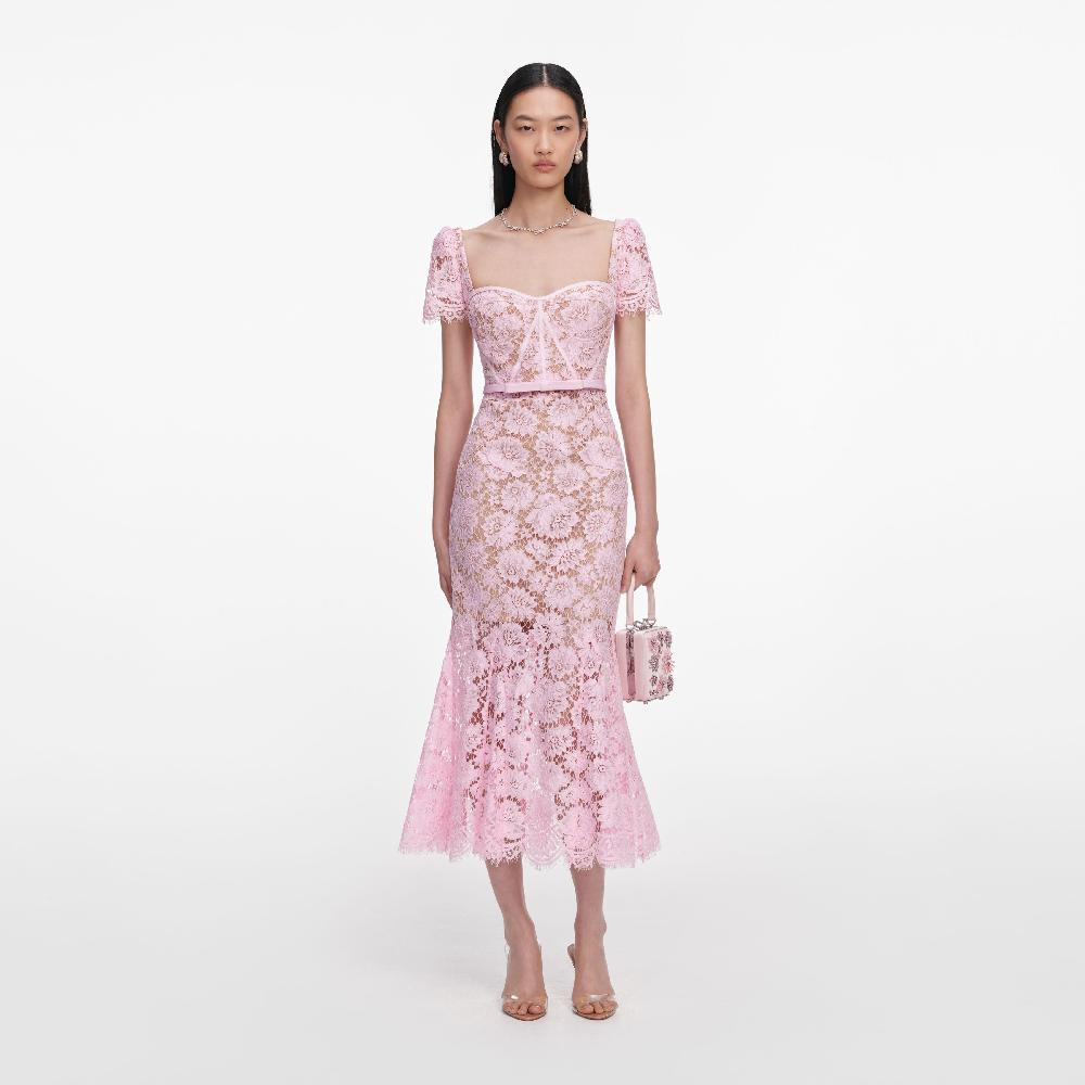 self portrait Pink Fine Lace Midi Dress CLOTHING