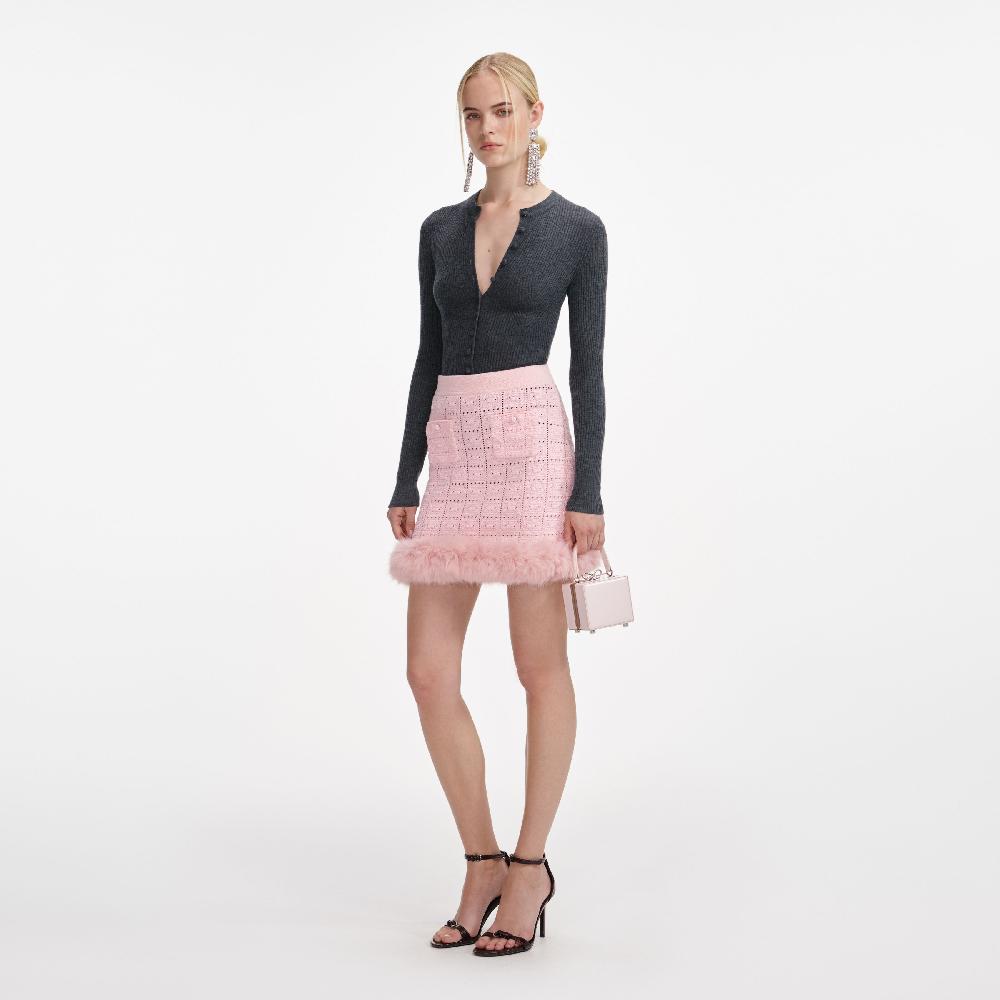 Self Portrait Pink Fur Hem Knit Skirt CLOTHING