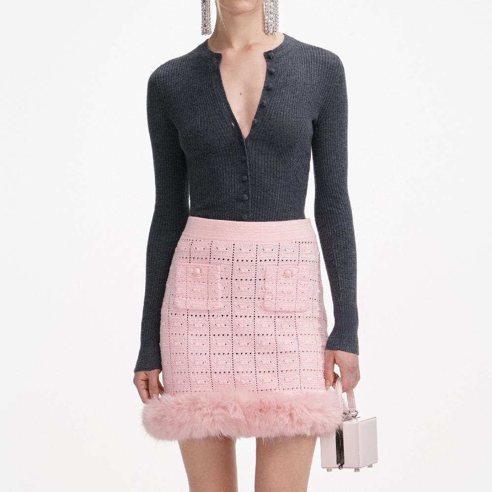 Self Portrait Pink Fur Hem Knit Skirt CLOTHING