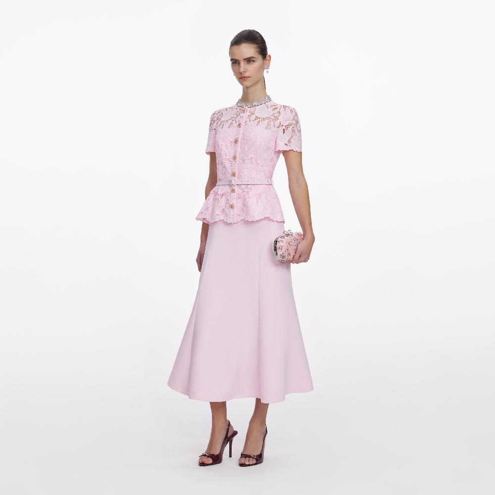 Self Portrait Pink Lace Crepe Midi Dress CLOTHING