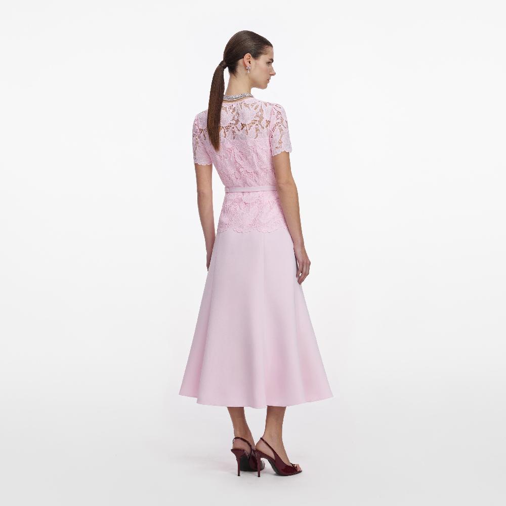 Self Portrait Pink Lace Crepe Midi Dress CLOTHING
