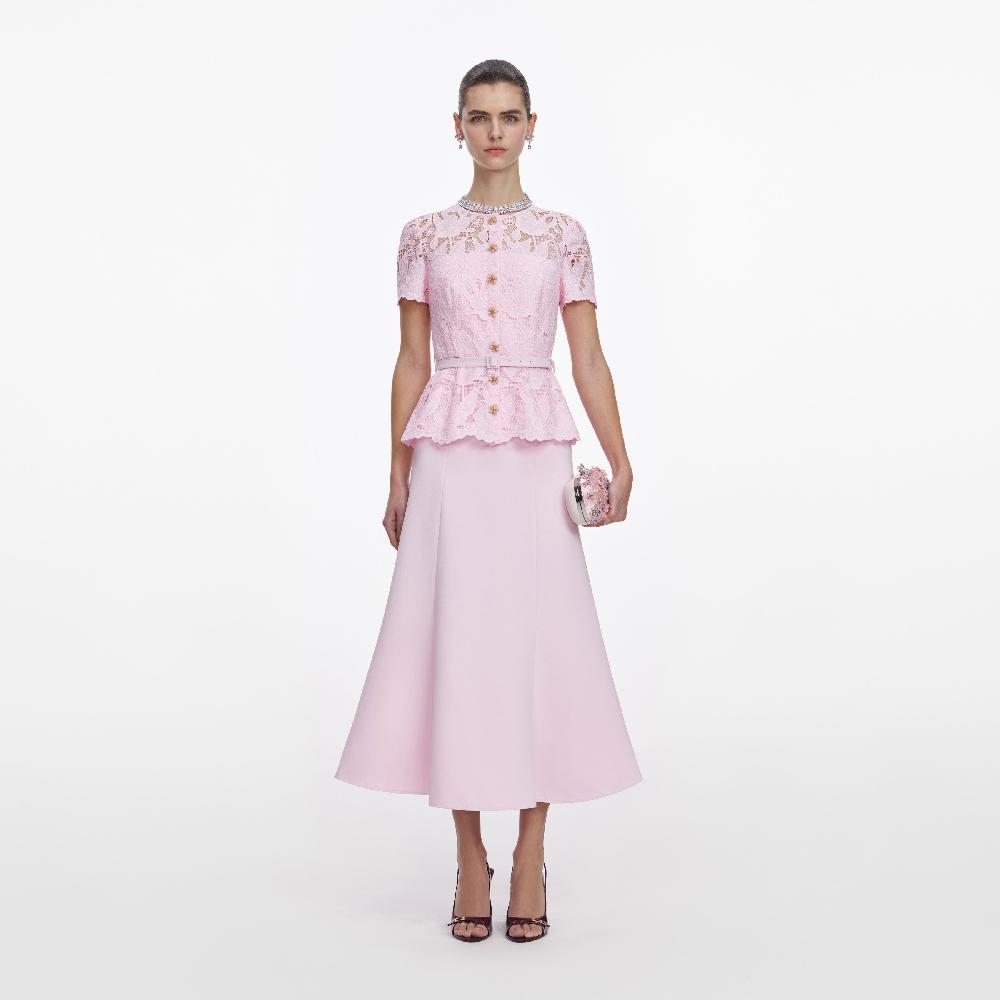 self portrait Pink Lace Crepe Midi Dress CLOTHING