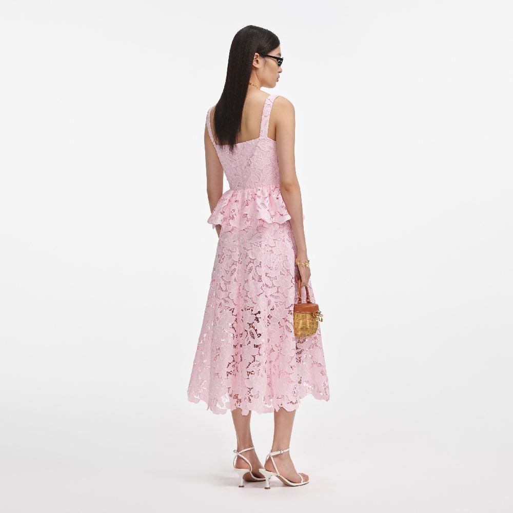 Self Portrait Pink Lace Peplum Midi Dress CLOTHING